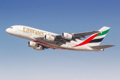 An Emirates Airbus A380-800 aircraft with the registration number A6-EVB at the airport in Dubai,
