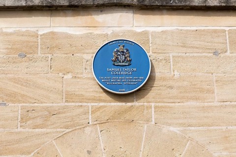 Blue plaque on building where Samuel Taylor Coleridge lived 1814-1816, Calne, Wiltshire, England,