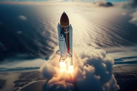Aerial view of a rocket shuttle carrier launch at sunrise over an ocean coast. The rocket is