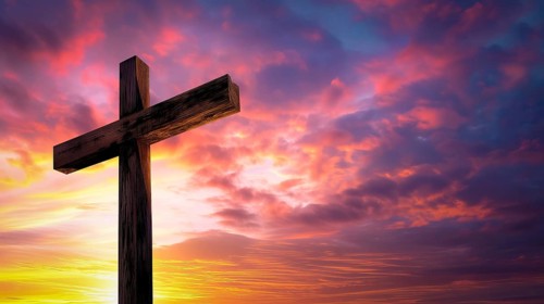 Easter concept cross on Golgotha Calvary hill in sky against a dramatic sunset, AI generated