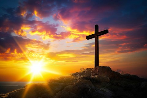 Easter concept cross on Golgotha Calvary hill against a dramatic sunset, AI generated