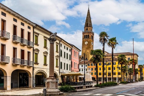 Palaces on the old town streets with cathedral, medieval old town, Portogruaro, Veneto, Friuli,