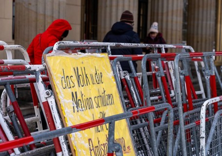 Demonstration, posters and barriers at the Brandenburg Gate, Berlin, Germany, Europe