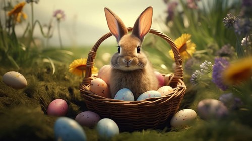Cute Easter bunny sits beside a basket filled with colorful, decorated eggs amidst a vibrant green
