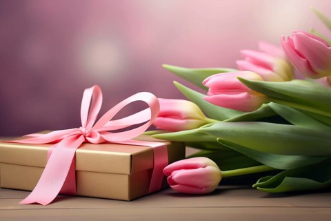 Gift Box with Pink Ribbon Beside bouquet of Fresh Tulips on Bokeh Background. Good for Valentine