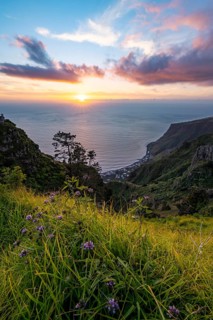 Evening mood, green coastal landscape on a steep cliff at sunset, sea and coast, viewpoint
