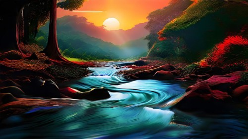 AI generated painting of a surreal landscape with digital brush strokes intertwining with