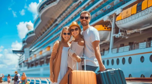 A family of four is posing for a picture in front of a cruise ship before going on vacation. They