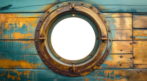 Vintage aged brass ship porthole mounted on a wooden hull with a white background. generative AI,