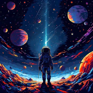 Pixel art illustration of an astronaut outside in the infinite expanse of space, AI generated
