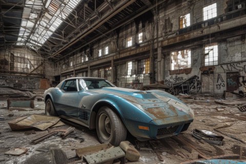 An old, weathered and dusty US-American classic car, wreck, of the type Chevrolet Corvette Stingray