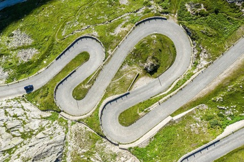 Historical road Tremola, mountain pass Sasso San Gotthardo, aerial view, Switzerland, Europe