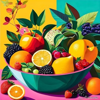 Vibrant illustration of a bowl brimming with a cascade of fresh fruits and vegetables, AI generated