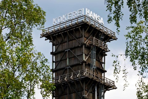 The extinguishing tower with the lettering of the Hansa coking plant, landmark in