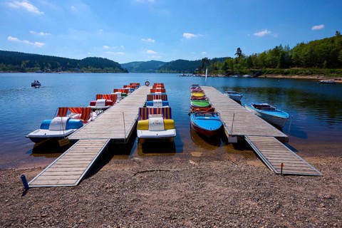 A picturesque scene with colourful pedal boats and wooden boats on a jetty in front of the