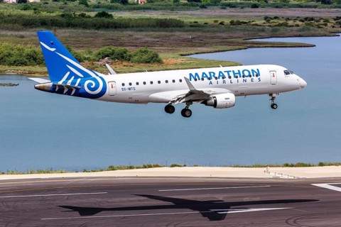 An Embraer 175 aircraft of Marathon Airlines with the registration SX-MTO at Corfu Airport, Greece,