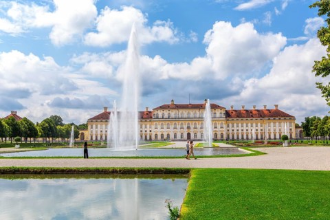 Garden parterre with fountain in front of the New Palace in the Schleissheim Palace complex,