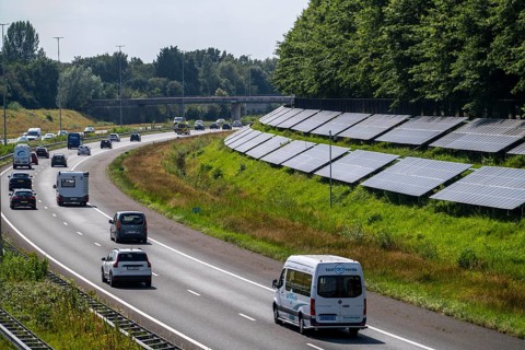 A58 motorway, photovoltaic systems were installed on the slopes to the side of the carriageway, use