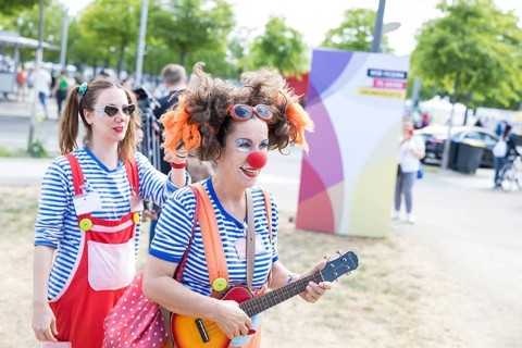 Two clowns at the citizens' festival celebrating democracy. / The Basic Law turns 75, together it