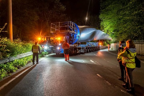 Transport of a 68 metre long, 22 tonne blade of a wind turbine, here in Schwelm, with a