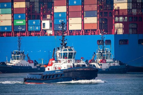 Harbour tug pushes the container freighter Cosco Shipping Leo to its berth at Hutchison Ports ECT