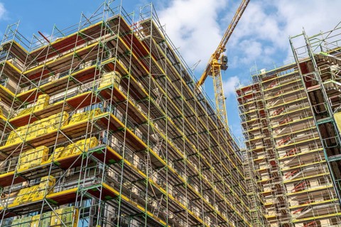 Construction site of a large building project on Huyssenallee in Essen, Huyssen Quartier,