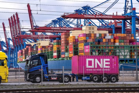 Port of Hamburg, Waltershofer Hafen, container ships, lorries bring and collect freight containers