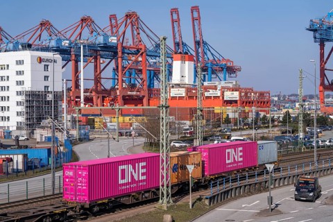Port of Hamburg, Waltershofer Hafen, container ships, goods train with containers brings and