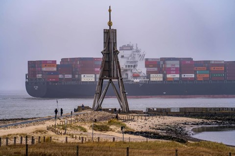 Thick fog in winter, hangs over the mouth of the Elbe into the North Sea, sea mark and landmark