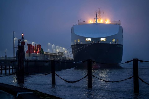Thick fog in winter, hanging over the mouth of the Elbe into the North Sea, DFDS ferry Britannia
