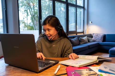 Homeschooling, girl, 11 years old, learns at home, home learning, lessons at home, distance