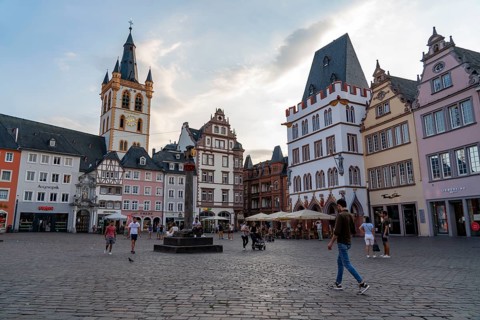 Houses, skyline on the main market square in the city centre of Trier, Rhineland-Palatinate,