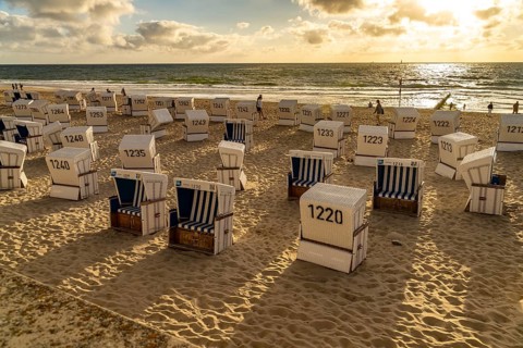 Beach chairs on the west beach near Westerland, Sylt island, North Friesland district,