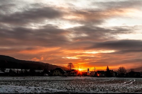 Winter mood, cloudy mood at sunset, near Krieglach, Styria, Austria, Europe