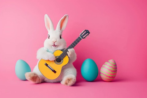 Funny white easter bunny playing a guitar surrounded by easter eggs on pink studio background.
