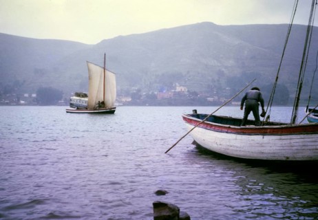Morales Mofalito's bus on the ferry across Lake Titicaca, Bolivia, South America, 1962, arrival