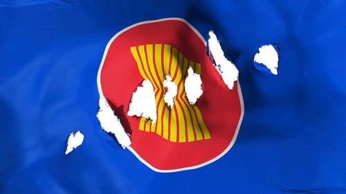 Association of South East Asian Nations flag perforated, bullet holes, white background, 3d