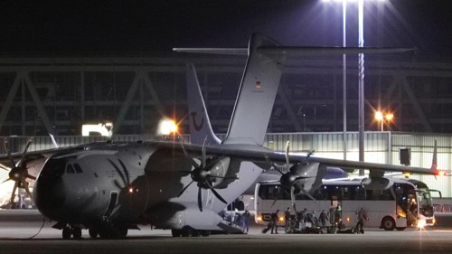 Airbus A400M military transport aircraft of the German Air Force landed at Stuttgart Airport with