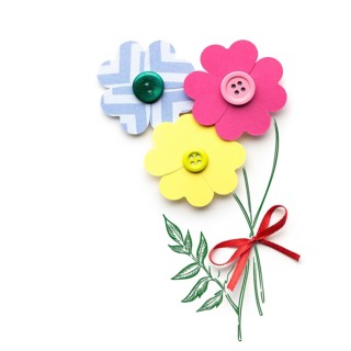 Creative valentines concept photo of a flower made of paper hearts with buttons on white background