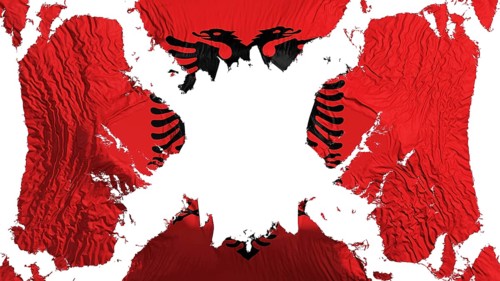 Albania torn flag fluttering in the wind, over white background, 3d rendering