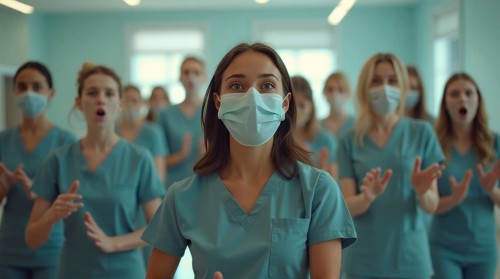 Focused nurses in masks and scrubs clapping along in a healthcare environment, ai generated