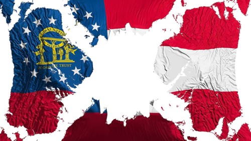 Georgia state torn flag fluttering in the wind, over white background, 3d rendering