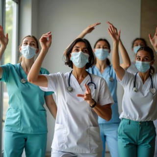 A group of nurses in masks and scrubs dancing joyfully in a healthcare room, ai generated
