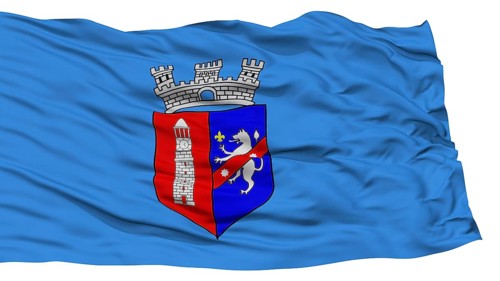 Isolated Tirana City Flag, Capital City of Albania, Waving on White Background, High Resolution