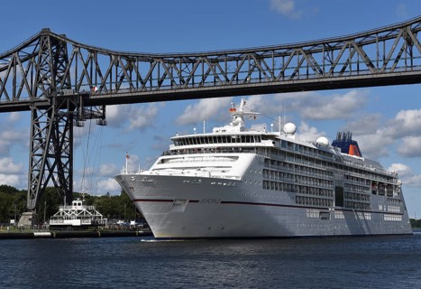 Cruise ship Europa 2 passes through the railway bridge in the Kiel Canal in Rendsburg, Kiel Canal,