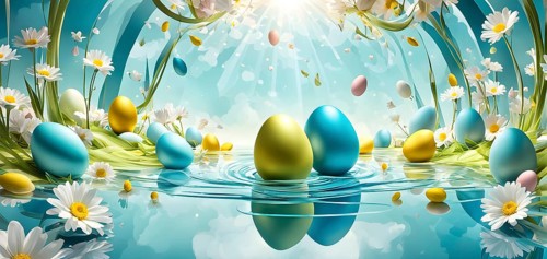 Surreal Easter scene with floating eggs, ribbons, and flowers in a dreamlike, whimsical composition
