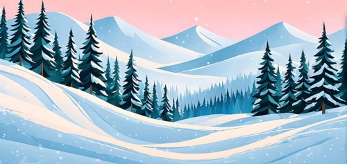 Abstract winter wonderland with minimalist stylized pine trees and snowdrifts using soft pastel