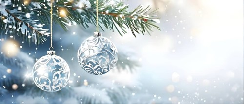 Abstract illustration of a set of ornate Christmas ornaments hanging on a snow-covered pine tree