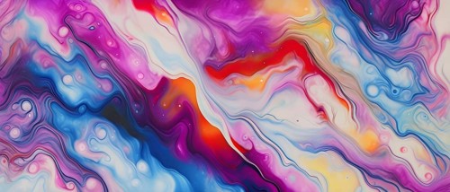 Abstract painting with fluid swirling pastel colors of magenta, blue, red, orange and yellow, AI