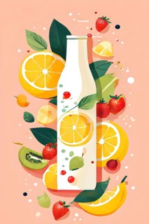 Abstract wallpaper of smoothie surrounded by an assortment of fruits and vegetables, AI generated